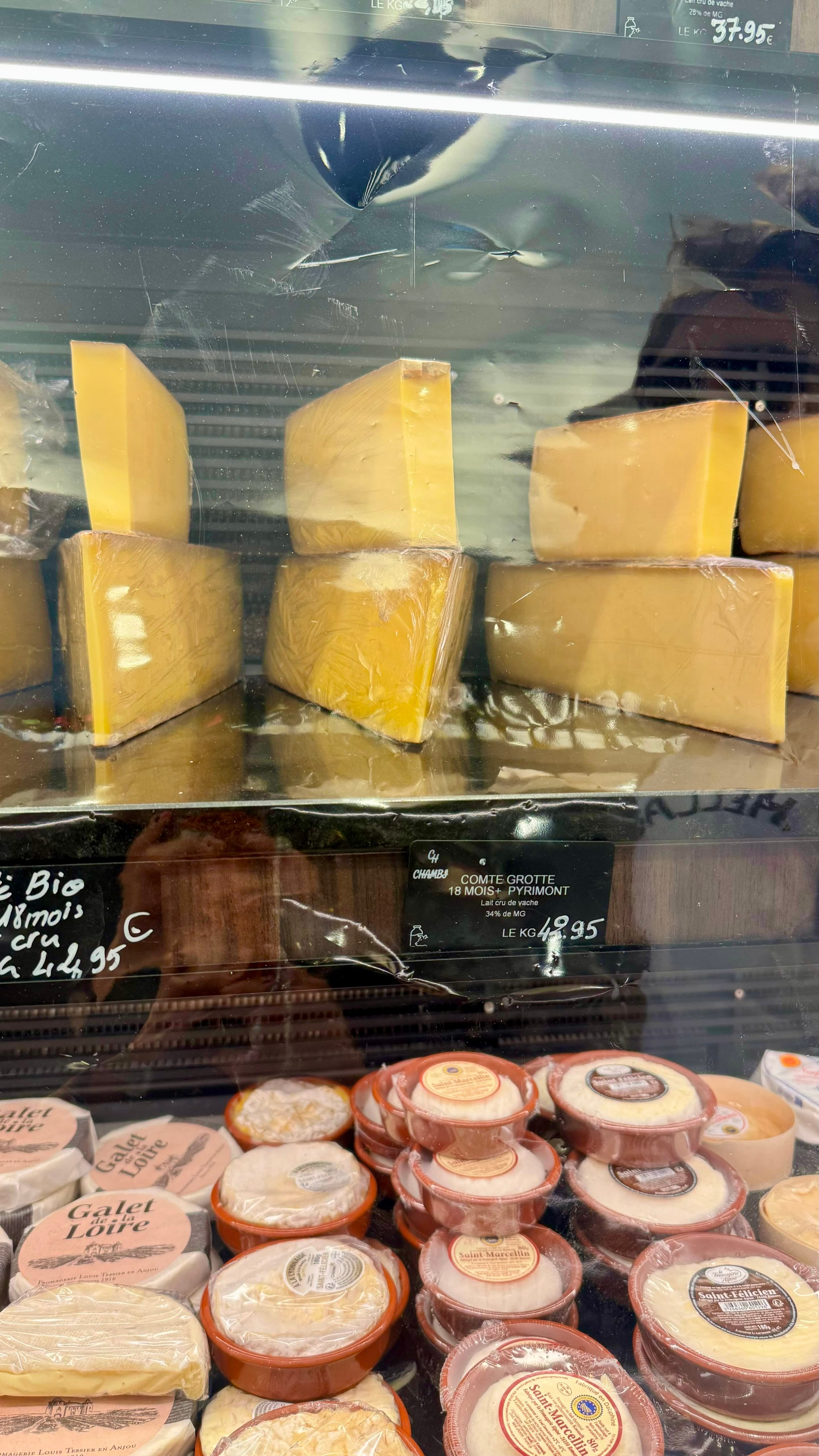 One of the cheese display cases at the Chambi cheese shop.