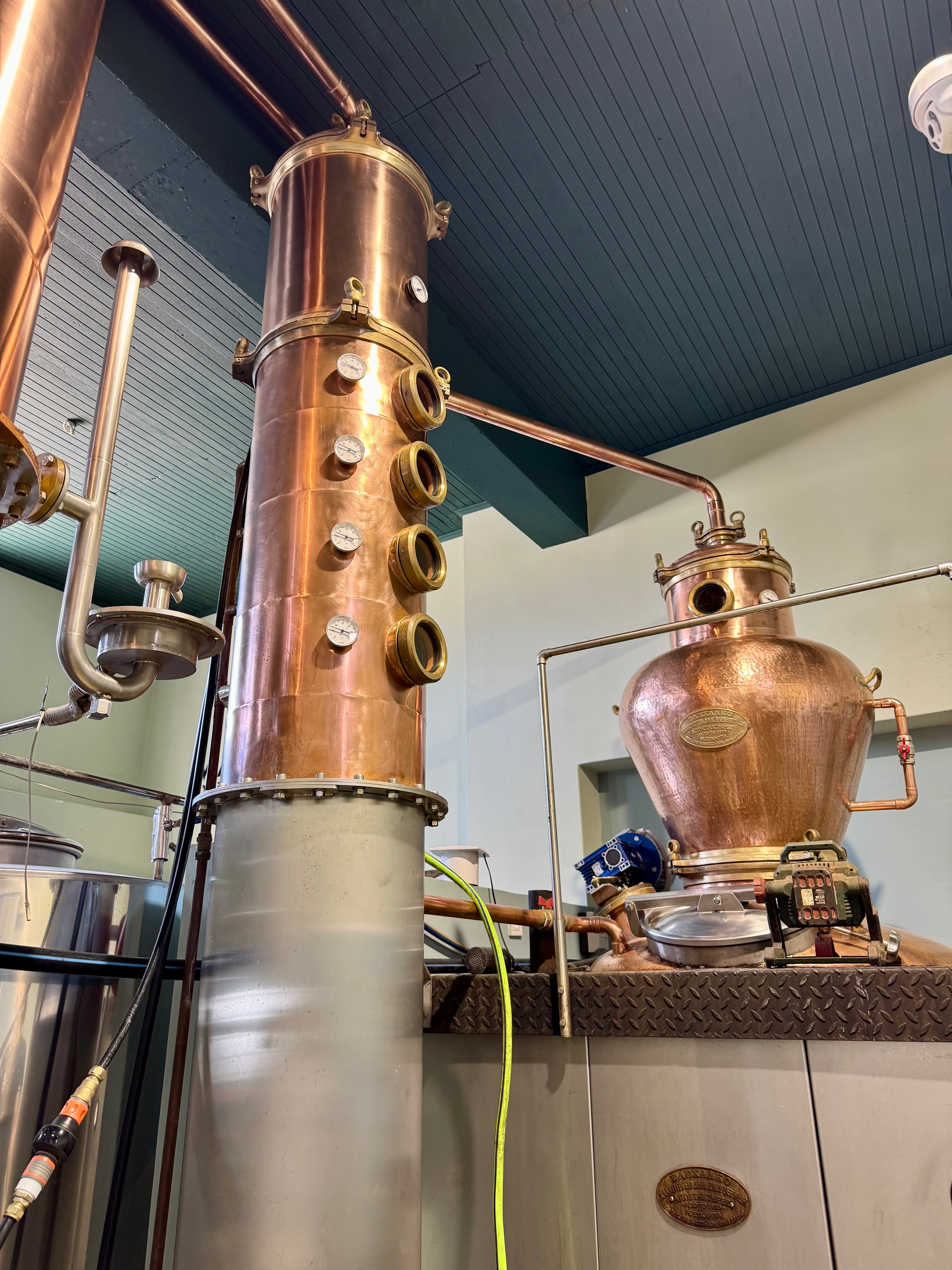 The 1,000-liter copper still used for distillation.