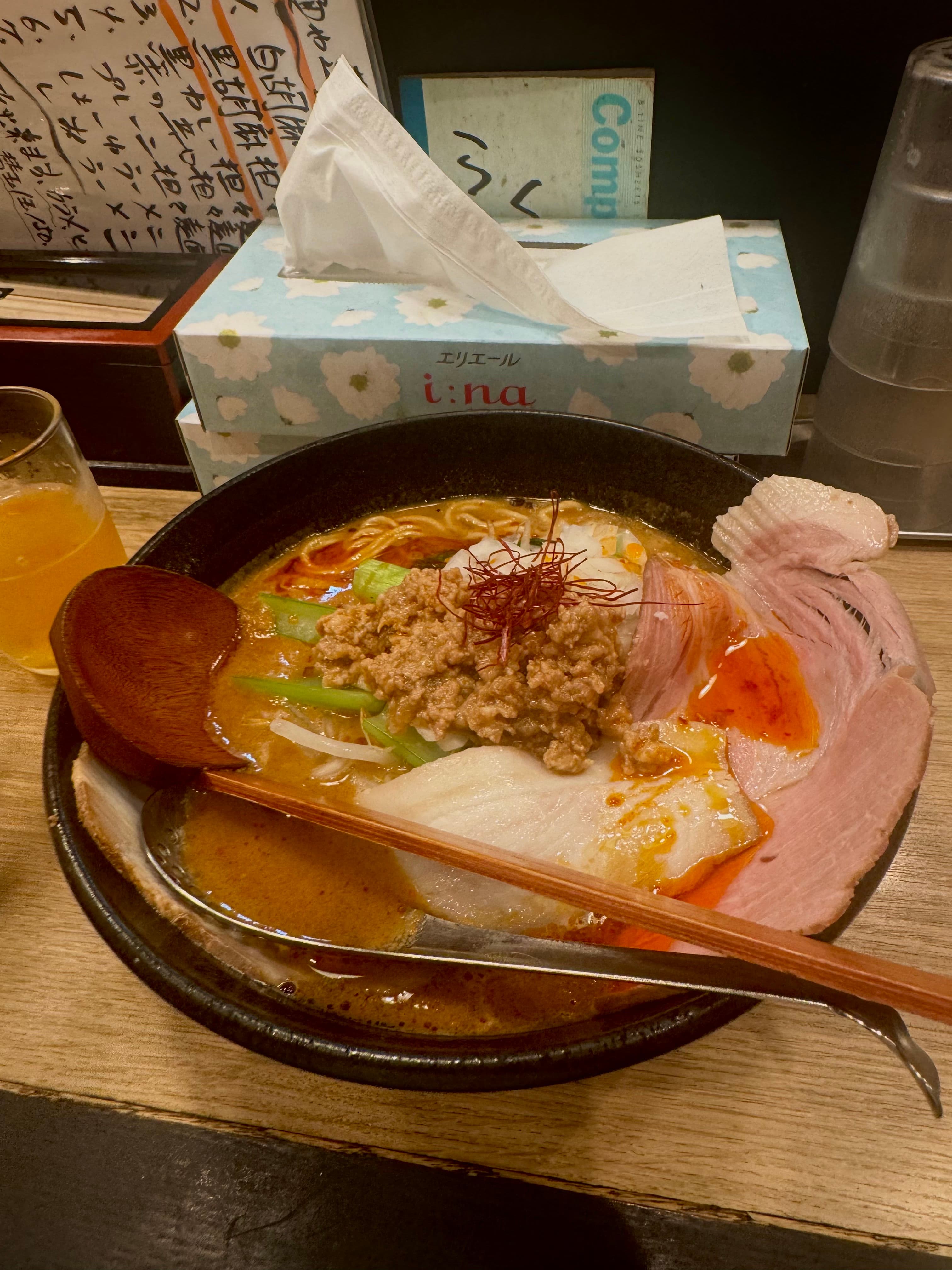 The slightly spicy and comforting ramen at **Menya Hasu to Rin to Jin (麺や 蓮と凛と仁)**.