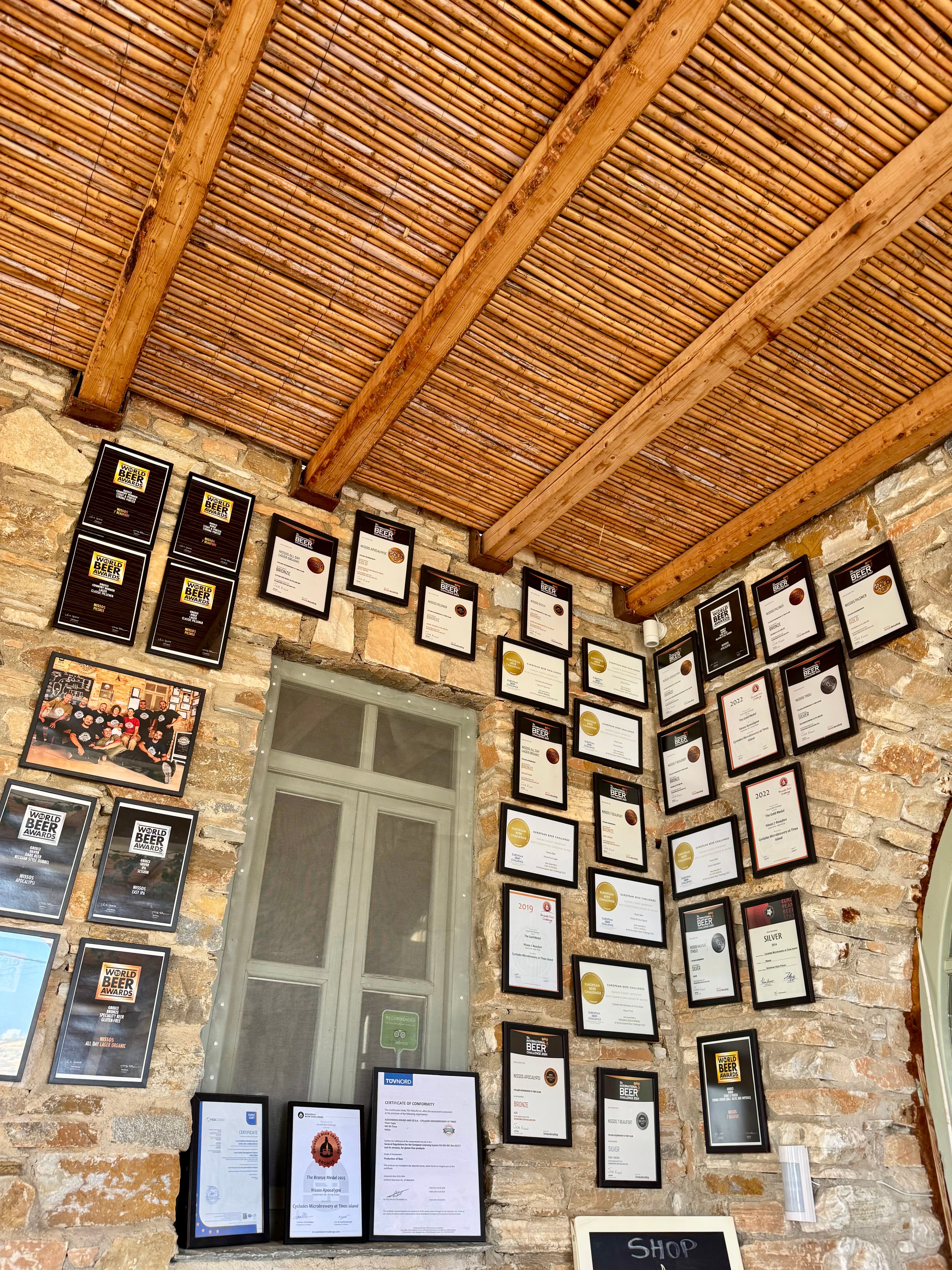 The wall displaying the company's awards.